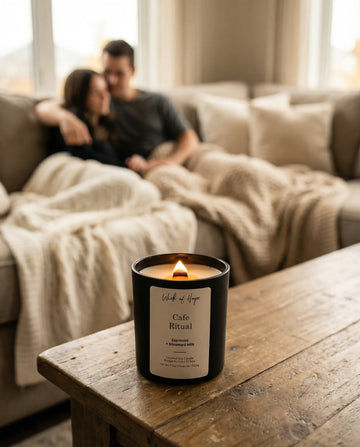 Cozy living room scene with a lit candle and a couple relaxing on a sofa.