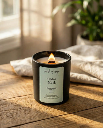 Candle labeled "Cedar Musk" with a lit flame on a wooden table.