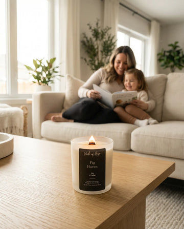 A woman reading to a child beside a lit candle on a coffee table.