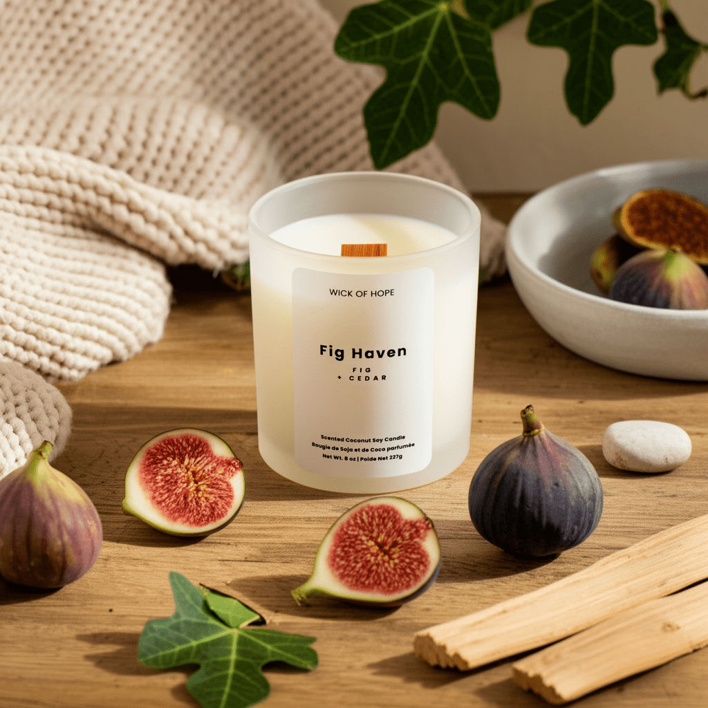 The Wick of Hope Fig Haven Candle | Fig + Cedar is a non-toxic coconut soy wax candle in white frosted glass, featuring an earthy scent, wooden wick, and a simple, minimalistic label.