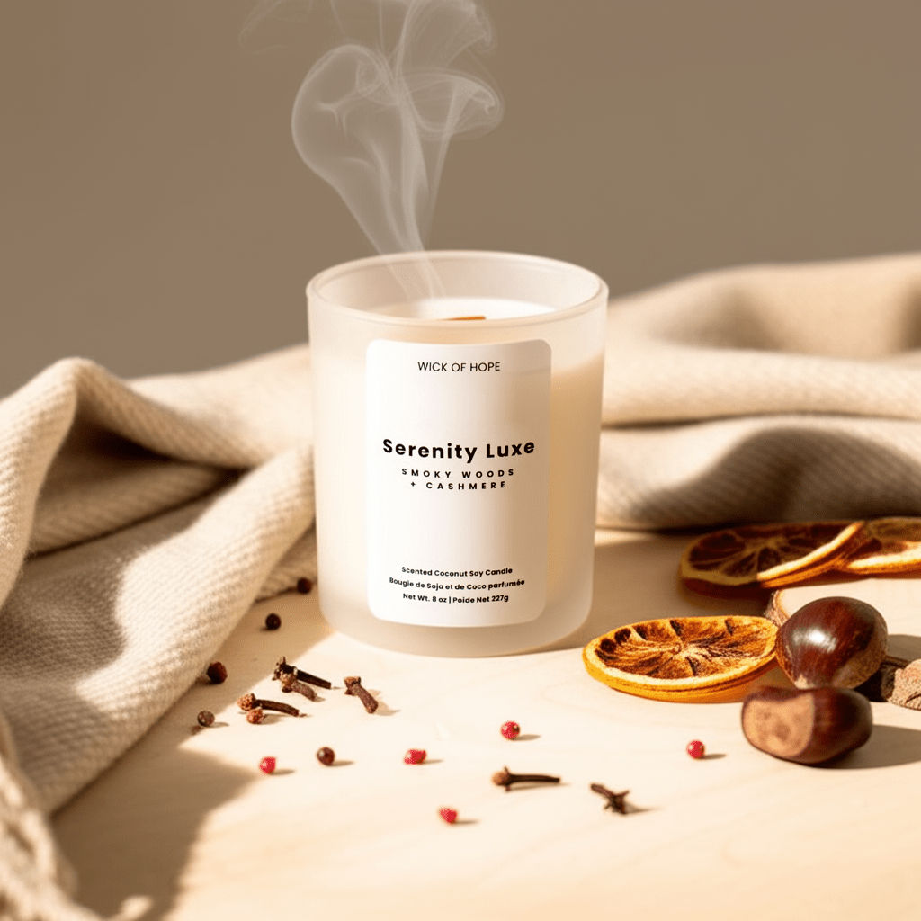 The Wick of Hope Serenity Luxe Candle, Smoky Woods + Cashmere, is a luxury coconut soy wax candle in a frosted glass jar with a wooden wick. Net Wt. 8 oz.