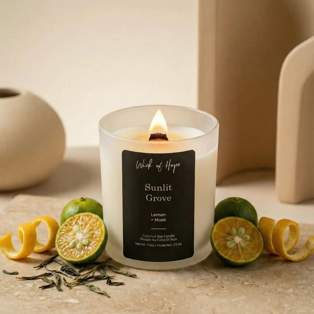 Candle labeled 'Sunlit Grove' with lemons and citrus peels on a neutral background