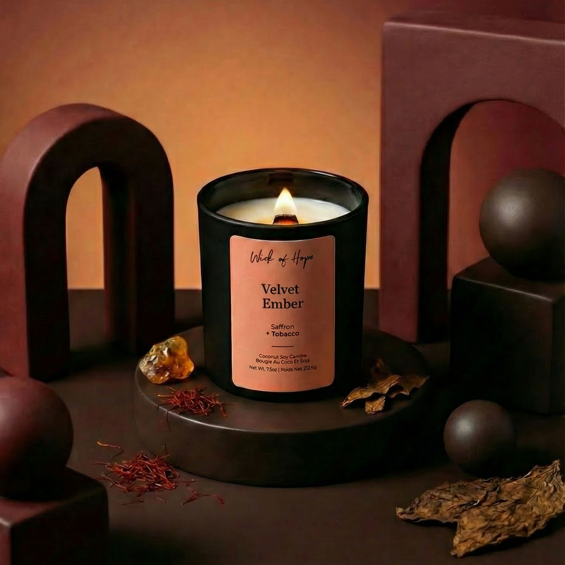 Candle with a pink label on a dark surface with decorative elements