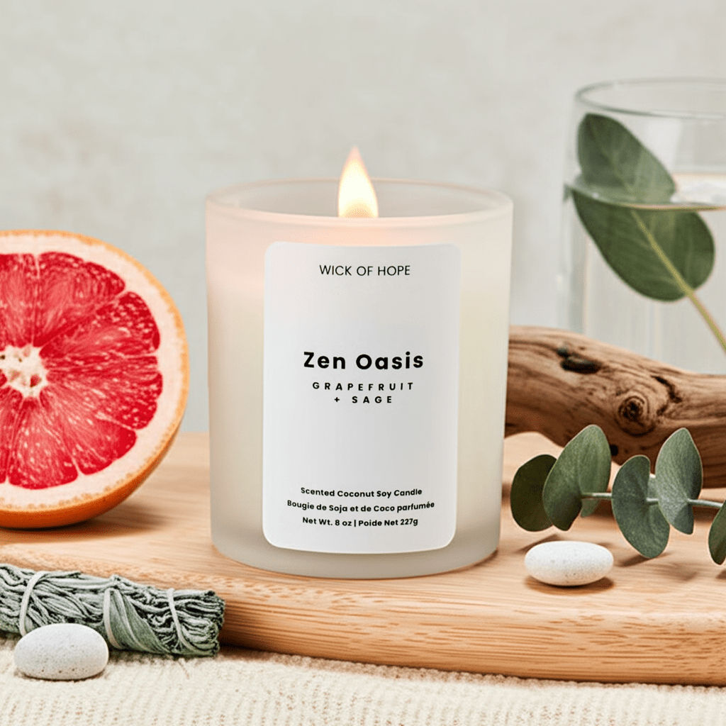The Wick of Hope Zen Oasis Candle—Grapefruit + Sage—is an 8 oz white frosted glass candle with a wooden wick, crafted with coconut soy wax for a calming, spa-like atmosphere.
