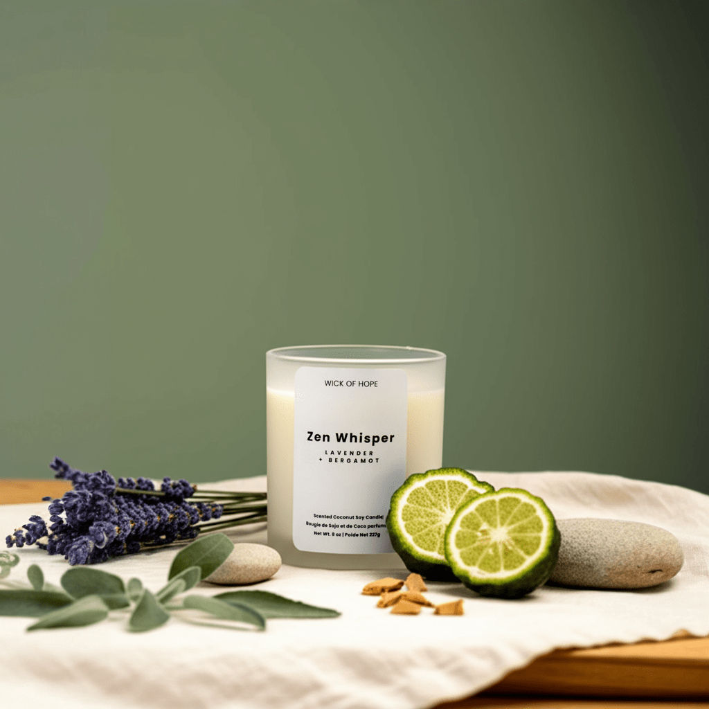 The Zen Whisper Candle by Wick of Hope is an 8 oz white frosted glass candle with a lavender and bergamot scent, crafted from coconut soy wax and featuring a wooden wick for a calming atmosphere.