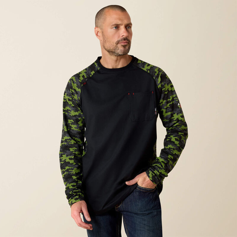ARIAT - FR AC Stretch Camo Baseball T-Shirt. BLACK/LIME CAMO - Becker Safety and Supply