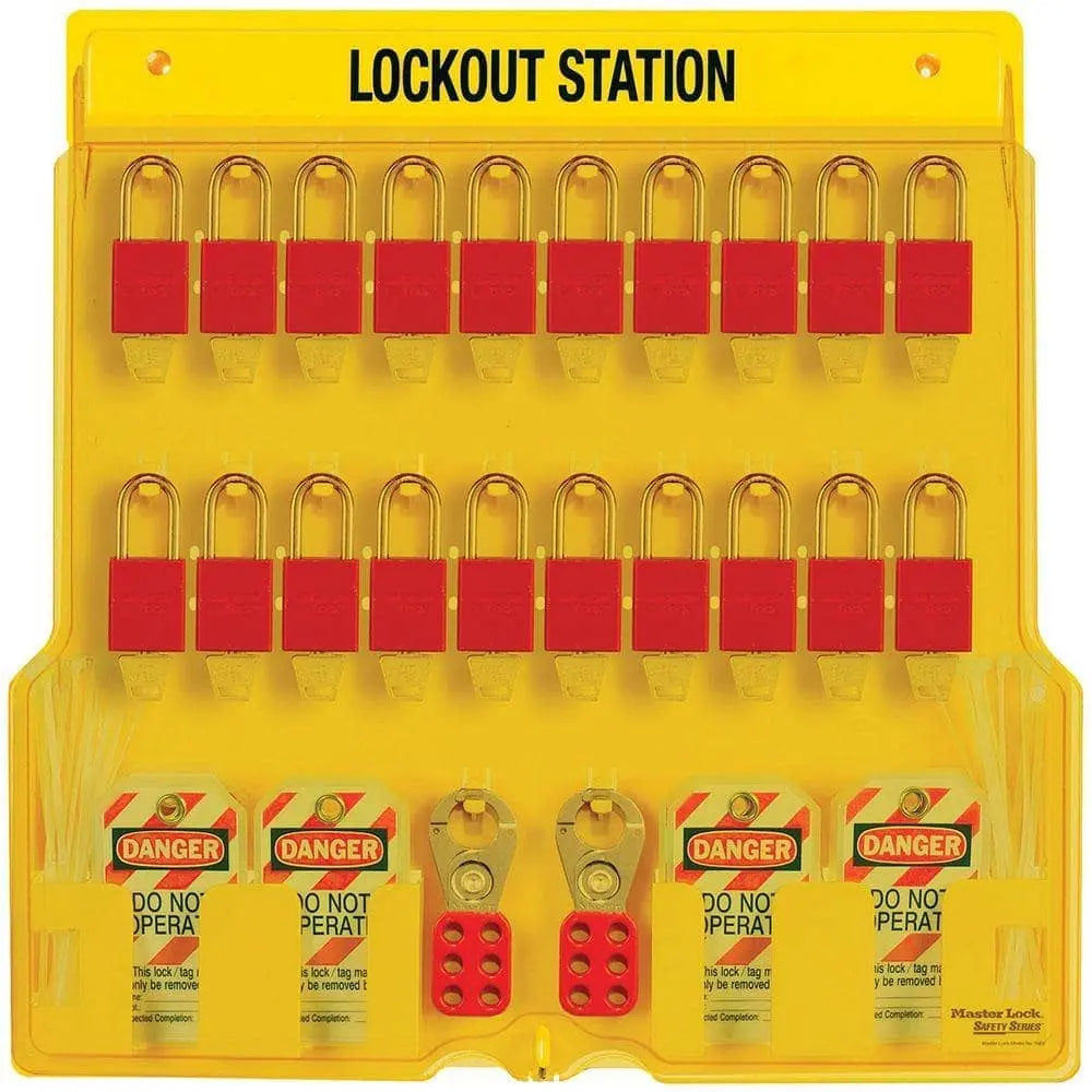 MASTER LOCK - 20-Lock Padlock Station; 20 -Padlocks (keyed differently), 4-Hasps, & 4-(12pks) Do Not Operate Tags - 22"x22"x1-3/4" - Becker Safety and Supply