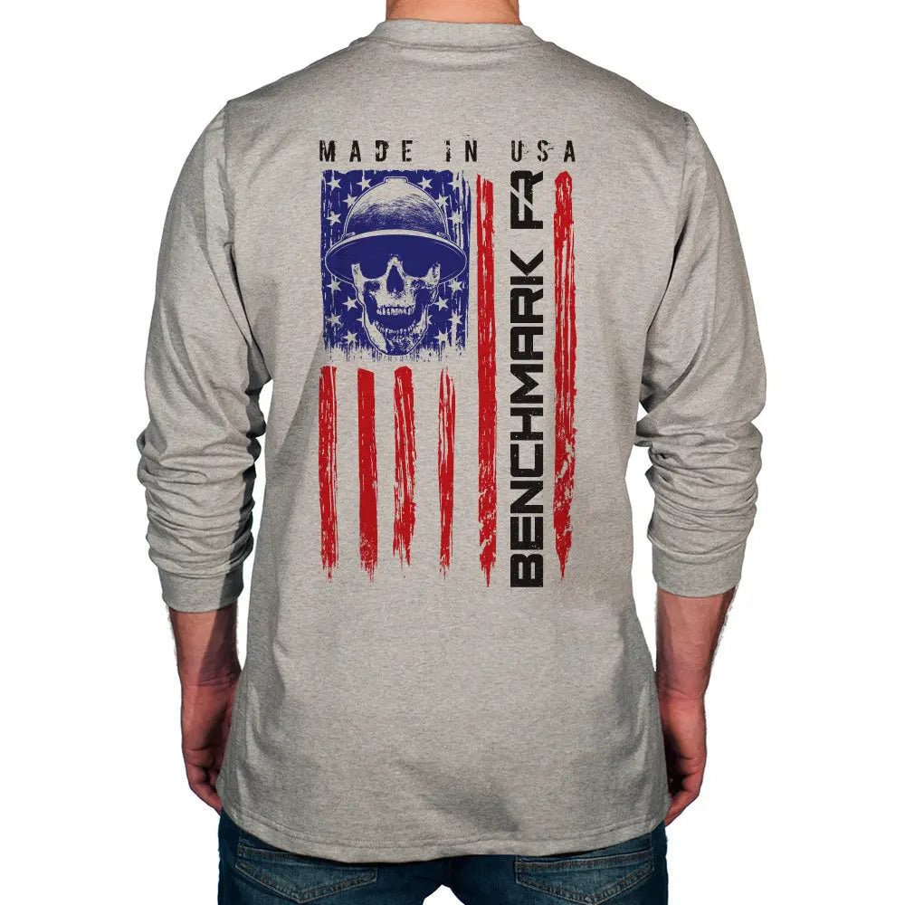 BENCHMARK FR-"SKULL FLAG" FLAME RESISTANT LONG SLEEVE SHIRT, LIGHT GRAY Becker Safety and Supply