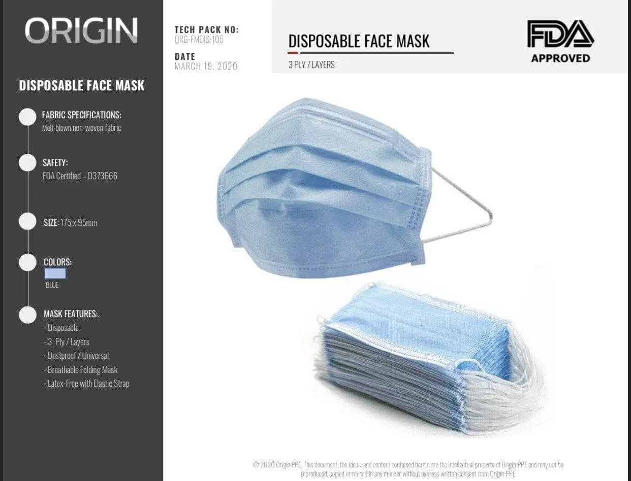 ORIGIN - Disposable Face Mask - Surgical Style
FABRIC - Melt-blown non-woven 3 ply fabric
COLOR - Blue
SAFETY - FDA Certified - D373666
SIZE - 175x95mm
- Disposable
- Breathable
- Latex Free with Elastic Strap - Becker Safety and Supply
