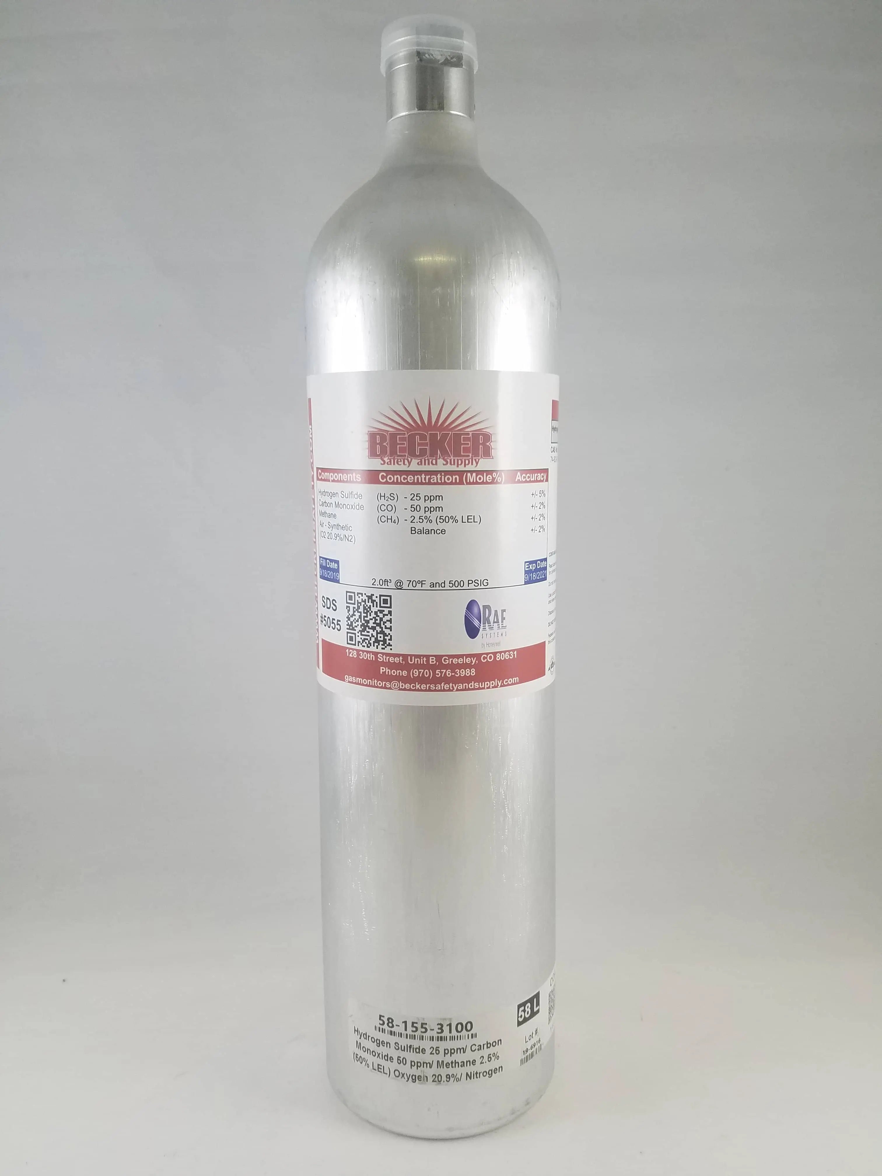 RAE - QRae Calibration Gas LEL,CO,H2S,02 (50%LEL Methane, 50ppm CO, 25ppm H2S, 20.9 02) - Becker Safety and Supply