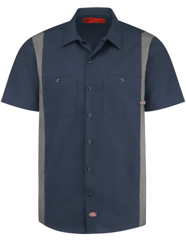 DICKIES - Men's Industrial Color Block Two-Tone Short Sleeve Work Shirt, Dark Navy/Smoke - Becker Safety and Supply