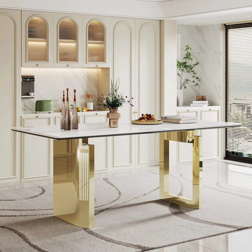 0.47' Thick Sintered Stone Composite Tempered Glass Top Rectangular Dining Table with Stainless Steel Base Default -DTYStore