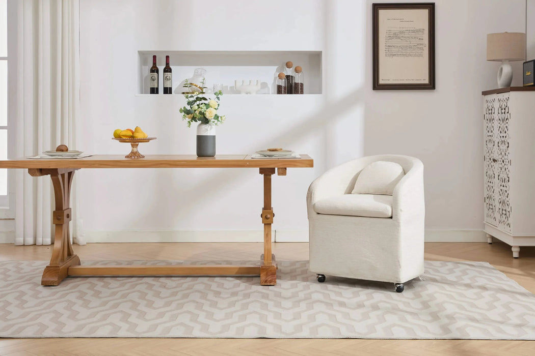 059-Set of 1 Chenille Fabric Dining Armchair With Back Cushion and Universal Wheels,Beige Default -DTYStore