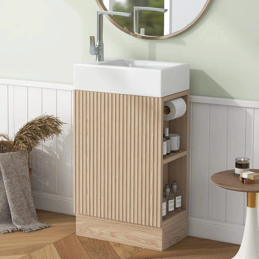 18.6' Bathroom Vanity with Sink, Bathroom Vanity Cabinet with Two-tier Shelf, Left or Right Orientation, Natural (Old Sku:WF308491AAN) Default -DTYStore