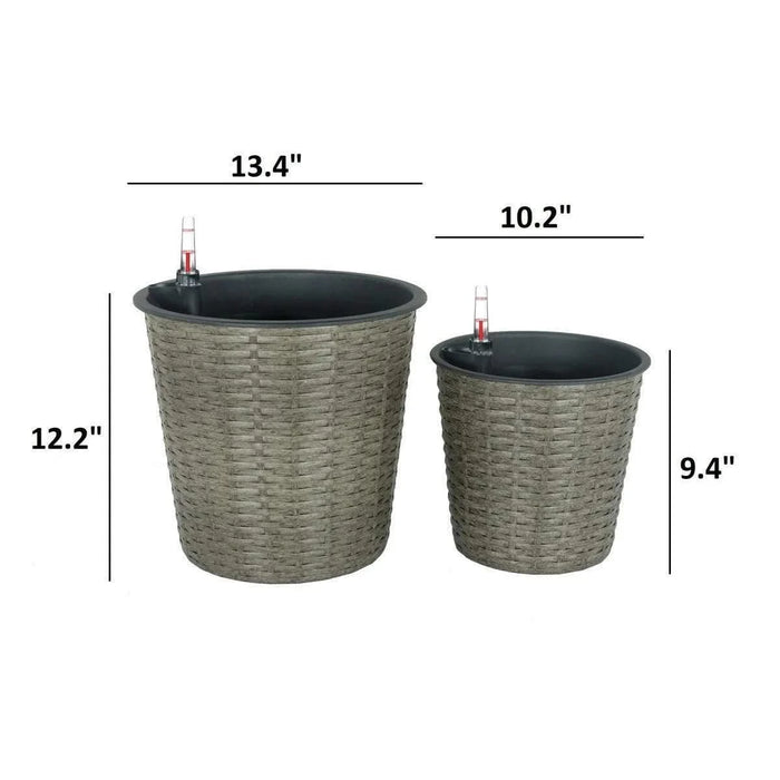 2-Pack Catleza Self-watering Wicker Decor Planter for Indoor and Outdoor - Round Gray -DTYStore