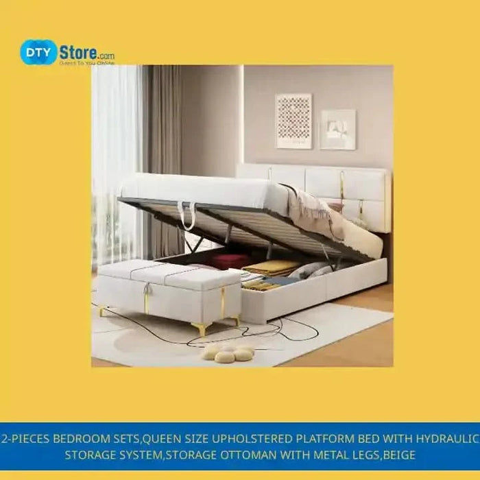 2-Pieces Bedroom Sets,Queen Size Upholstered Platform Bed with Hydraulic Storage System,Storage Ottoman with Metal Legs,Beige Default -DTYStore