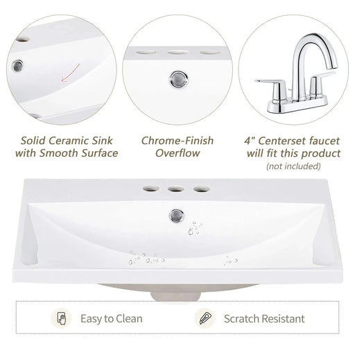 24' Bathroom Vanity Top Only, White Basin, 3-Faucet Holes, 4' Faucet Available, Ceramic Default -DTYStore