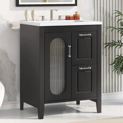 24' Bathroom Vanity with Sink, Bathroom Vanity Cabinet with Two Drawers and Door, Adjustable Shelf, Solid Wood and MDF, Black Default -DTYStore