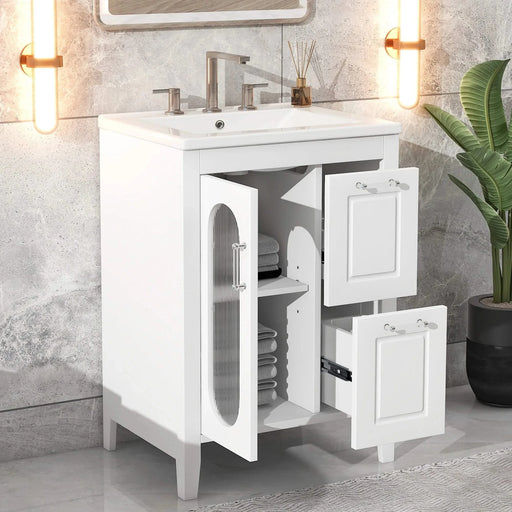 24' Bathroom Vanity with Sink, Bathroom Vanity Cabinet with Two Drawers and Door, Adjustable Shelf, Solid Wood and MDF, White (Old Sku:WF309411AAK) Default -DTYStore