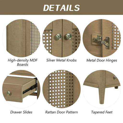 24' Bathroom Vanity without Sink, Base Only, Rattan Cabinet with Doors and Drawer, Solid Frame and MDF Board, Natural Default -DTYStore