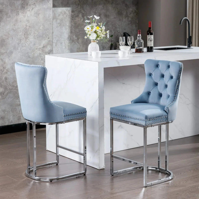 26' Counter Height Bar Stools Set of 2, Modern Velvet Barstools with Button Back&Rivet Trim Upholstered Kitchen Island Chairs with Sturdy Chromed Metal Base Legs Farmhouse Bar Stools,Light Blue,2 Pack Default -DTYStore