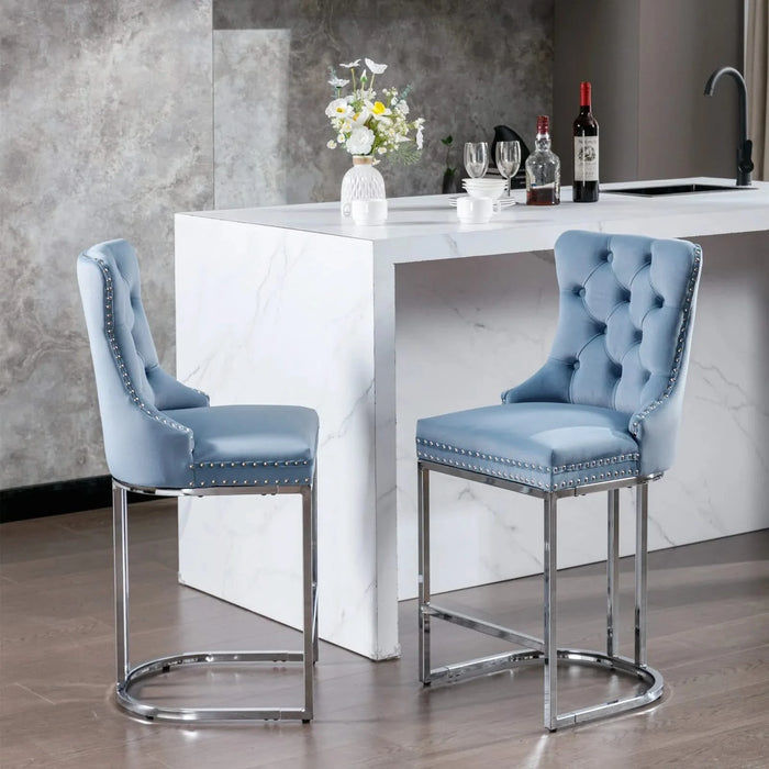 26' Counter Height Bar Stools Set of 2, Modern Velvet Barstools with Button Back&Rivet Trim Upholstered Kitchen Island Chairs with Sturdy Chromed Metal Base Legs Farmhouse Bar Stools,Light Blue,2 Pack Default -DTYStore