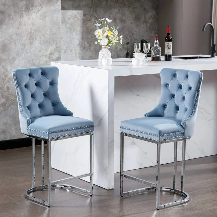 26' Counter Height Bar Stools Set of 2, Modern Velvet Barstools with Button Back&Rivet Trim Upholstered Kitchen Island Chairs with Sturdy Chromed Metal Base Legs Farmhouse Bar Stools,Light Blue,2 Pack Default -DTYStore