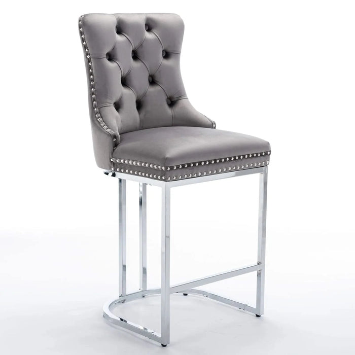 26' Counter Height Bar Stools Set of 2, Modern Velvet Barstools with Button Back&Rivet Trim Upholstered Kitchen Island Chairs with Sturdy Chromed Metal Base Legs Farmhouse Bar Stools, (Gray,2 Pack) Default -DTYStore