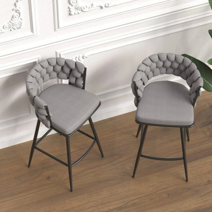 28' Bar Chair Linen Woven Bar Stool Set of 2, Grey Upholstered with Black Legs, 360 Swivel, Counter Arm Chairs with Back Footrest Default -DTYStore