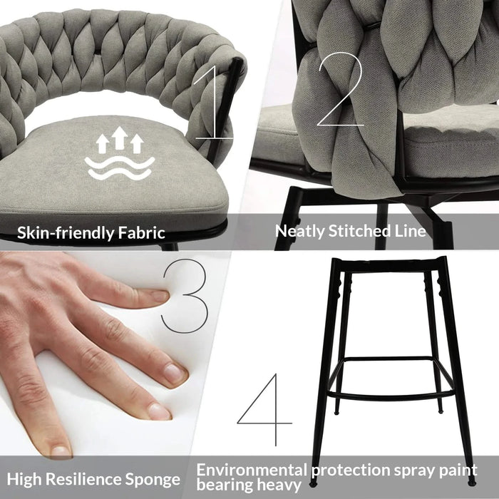 28' Bar Chair Linen Woven Bar Stool Set of 2, Grey Upholstered with Black Legs, 360 Swivel, Counter Arm Chairs with Back Footrest Default -DTYStore