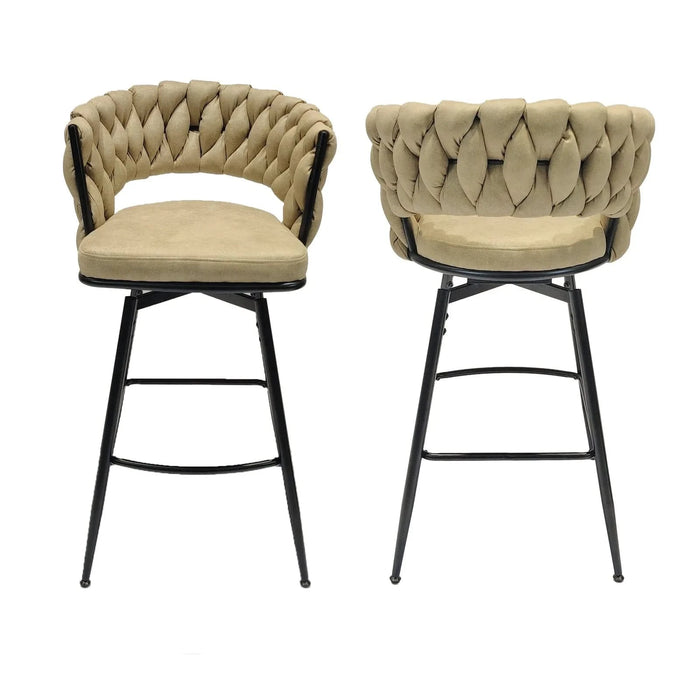 28' Technical Leather Woven Bar Stool Set of 4,Black legs Barstools No Adjustable Kitchen Island Chairs,360 Swivel Bar Stools Upholstered Counter Stool Arm Chairs with Back Footrest, (Light Brown) Default -DTYStore