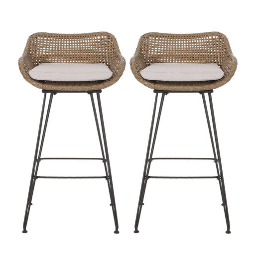 29.25' Outdoor Wicker and Iron Low Back Barstools, Light Brown, with Beige Cushion (Set of 2) Default -DTYStore