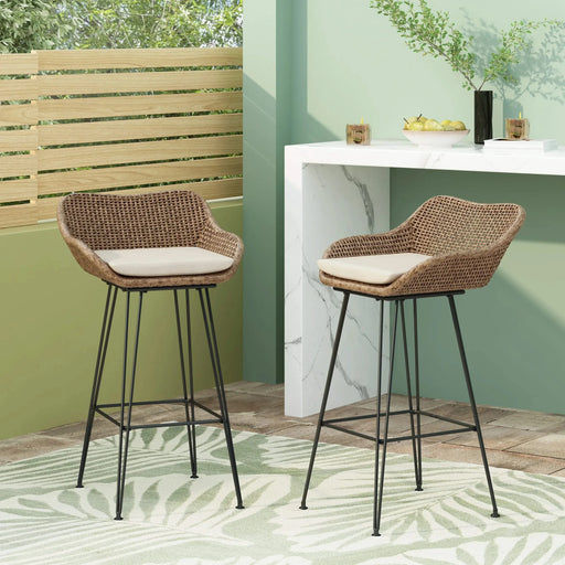 29.25' Outdoor Wicker and Iron Low Back Barstools, Light Brown, with Beige Cushion (Set of 2) Default -DTYStore
