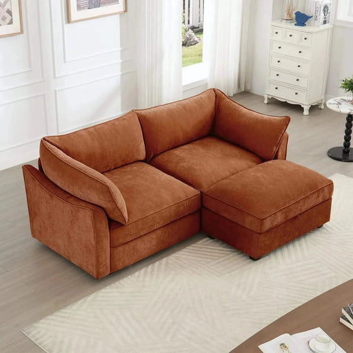 2 Seater Sofa With Footrest , 2-Seat Sofa with 1 Movable Ottoman, Pull out Storage Drawer Under Each Seat,Chenille Orange -DTYStore