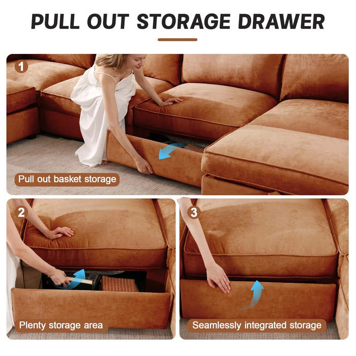 2 Seater Sofa With Footrest , 2-Seat Sofa with 2 Movable Ottoman, Pull out Storage Drawer Under Each Seat,Chenille Orange Default -DTYStore