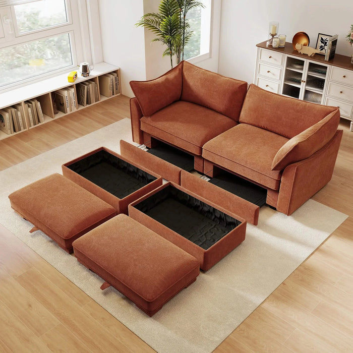 2 Seater Sofa With Footrest , 2-Seat Sofa with 2 Movable Ottoman, Pull out Storage Drawer Under Each Seat,Chenille Orange Default -DTYStore