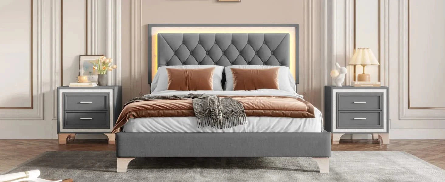 3-Pieces Bedroom Sets,Queen Size Upholstered Platform Bed with LED Lights and Two Nightstands-Gray Default -DTYStore