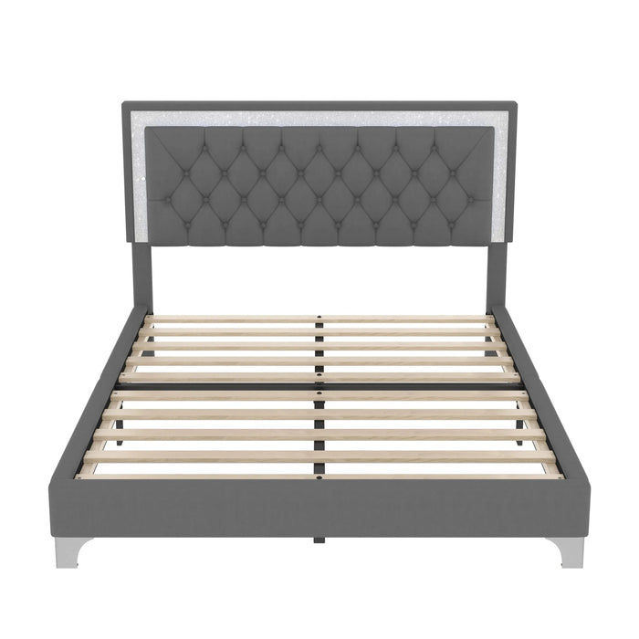 3-Pieces Bedroom Sets,Queen Size Upholstered Platform Bed with LED Lights and Two Nightstands-Gray Default -DTYStore