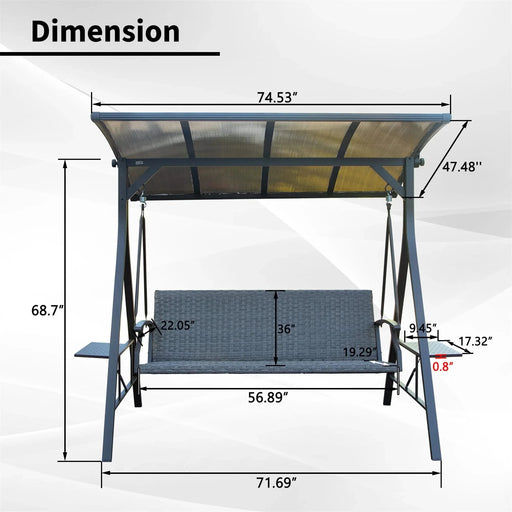 3-Seat Outdoor Porch Swing w/Adjustable Polycarbonate Hardtop and Side Table, Wicker Patio Swing Chair Bench with Steel Frame and Quick-Drying Foam Seat, Perfect for Backyard Garden and Lawn Default -DTYStore