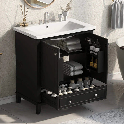30' Bathroom Vanity with Sink Combo, Multi-functional Bathroom Cabinet with Doors and Drawer, Solid Frame and MDF Board, Black Default -DTYStore