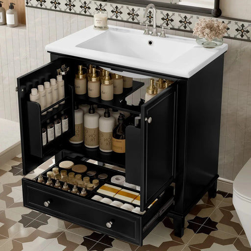 30' Bathroom Vanity with Sink Combo, Multi-functional Bathroom Cabinet with Doors and Drawer, Solid Frame and MDF Board, Black (Old Sku:SY999606AAB) Default -DTYStore