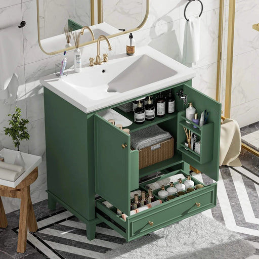 30' Bathroom Vanity with Sink Combo, Multi-functional Bathroom Cabinet with Doors and Drawer, Solid Frame and MDF Board, Dark Green Default -DTYStore