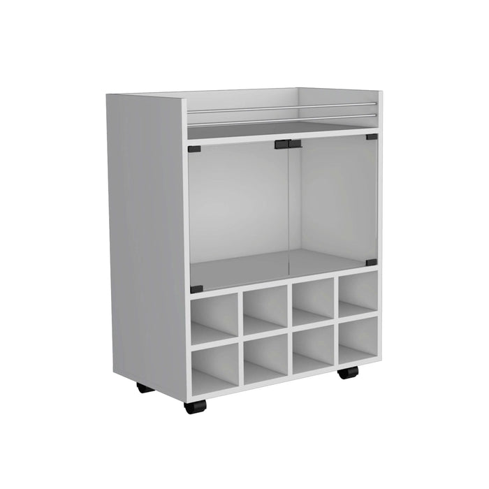 32' H white bar- coffee cart, Kitchen or living room cabinet storage with 4 wheels, with 8 bottle racks, a central shelf covered by 1 glass door, ideal for storing glasses and snacks Default -DTYStore
