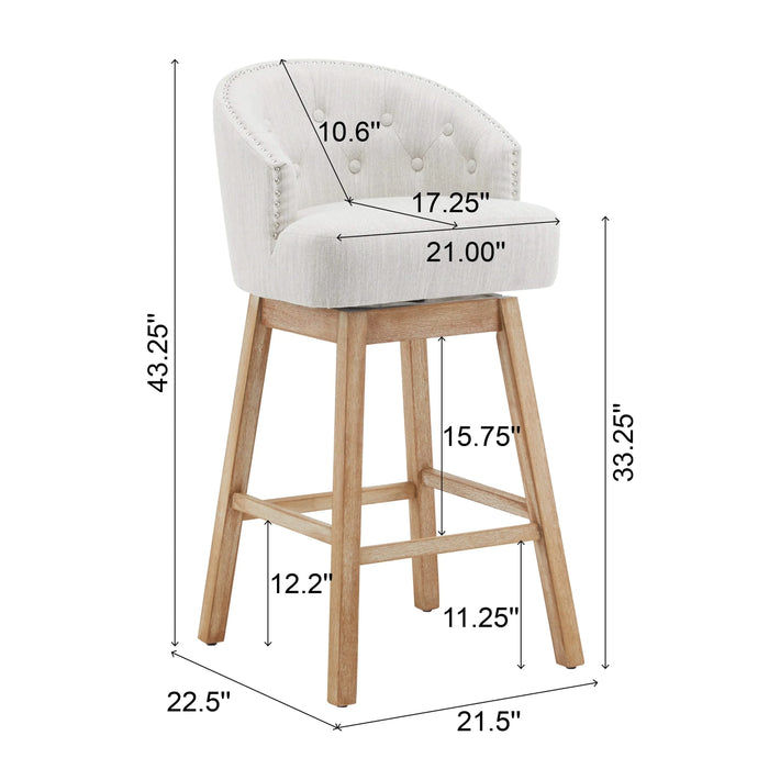 33.25' Swivel Counter Stools Set of 2, Upholstered Counter Height Bar Stools with Solid Rubber Wood Frame, Backrest, Footrest, Armless Barstools for Home Bar, Kitchen Counter, Natural + Beige Default -DTYStore