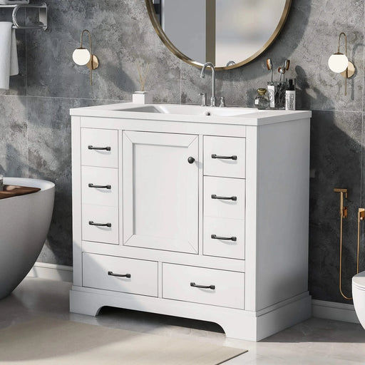 36' Bathroom Vanity with Sink Combo, Six Drawers, Multi-Functional Drawer Divider, Adjustable Shelf, White (Old Sku:SY999808AAK) Default -DTYStore