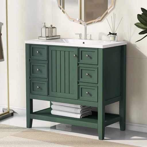 36' Bathroom Vanity with Sink, One Cabinet and Three Drawers, Solid Wood and MDF Board, Green (Old Sku:SY999505AAG-6) Default -DTYStore