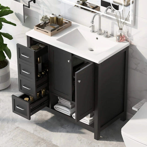 36' Bathroom Vanity with Sink Top, Bathroom Vanity Cabinet with Two Doors and Two Drawers, Solid Wood, Open shelf, MDF Boards, One Package, Black Default -DTYStore