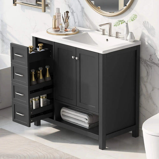 36' Bathroom Vanity with Sink Top, Bathroom Vanity Cabinet with Two Doors and Two Drawers, Solid Wood, Open shelf, MDF Boards, One Package, Black Default -DTYStore