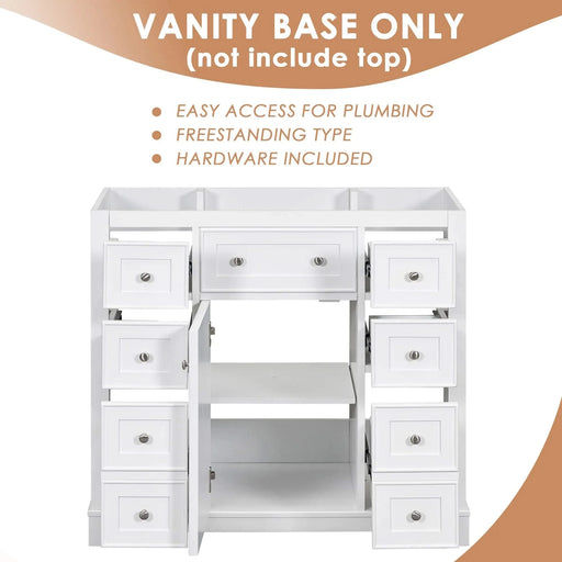 36' Bathroom Vanity without Sink, Cabinet Base Only, One Cabinet and Six Drawers, White Default -DTYStore