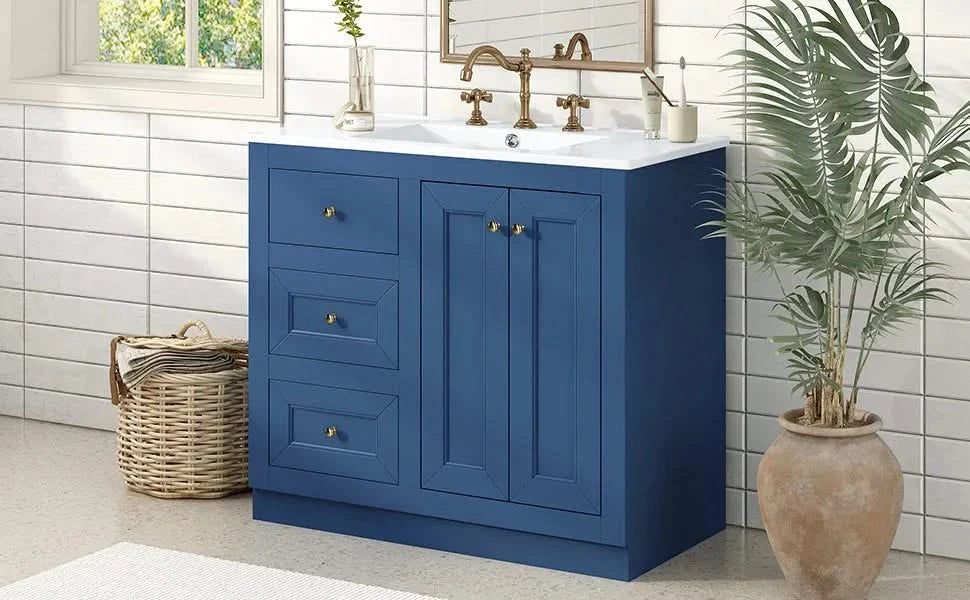 36inch Bathroom Vanity with Ceramic Sink, Bathroom Storage Cabinet with 2 Drawers& Shelf, Solid Wood and MDF Board, Freestanding Bathroom Cabinet (Blue) Default -DTYStore